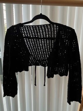 XS Women’s Hand Crafted Black Open-Weave Cropped Tie-Front Cardigan